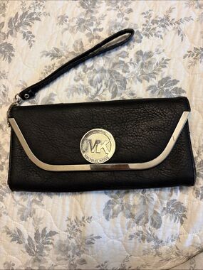 Michael Kors Black Leather Wristlet Clutch with Silver-Tone Trim